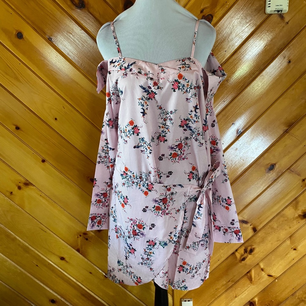 Hayden Los Angeles NEW Pink Striped Floral Bird Cold Shoulder Dress Medium H5362